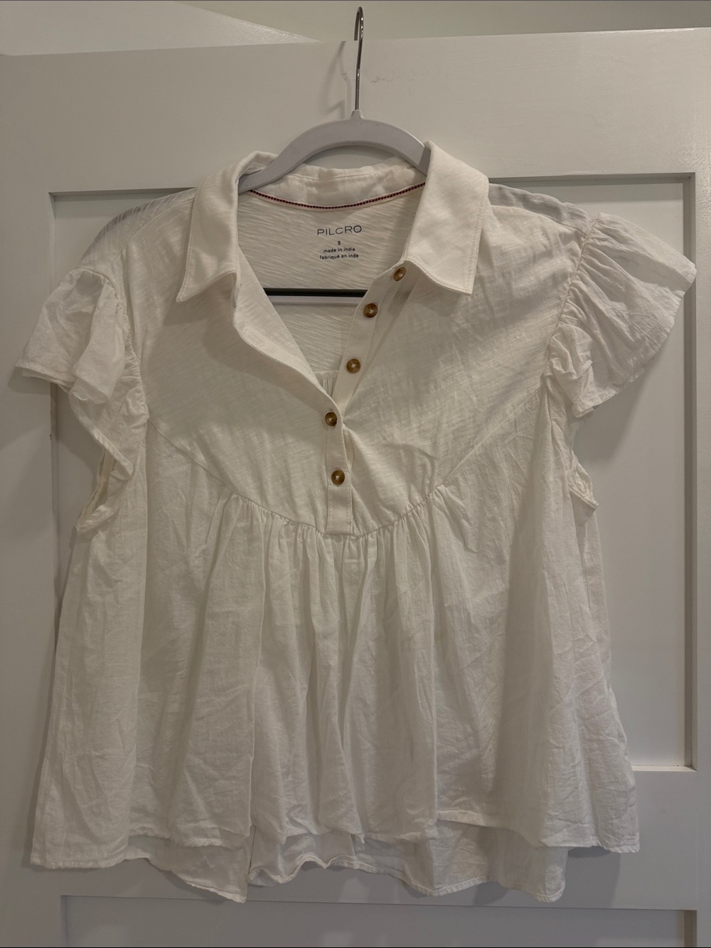 Pilcro White Ruffle Sleeve Button-Up Peplum Blouse
